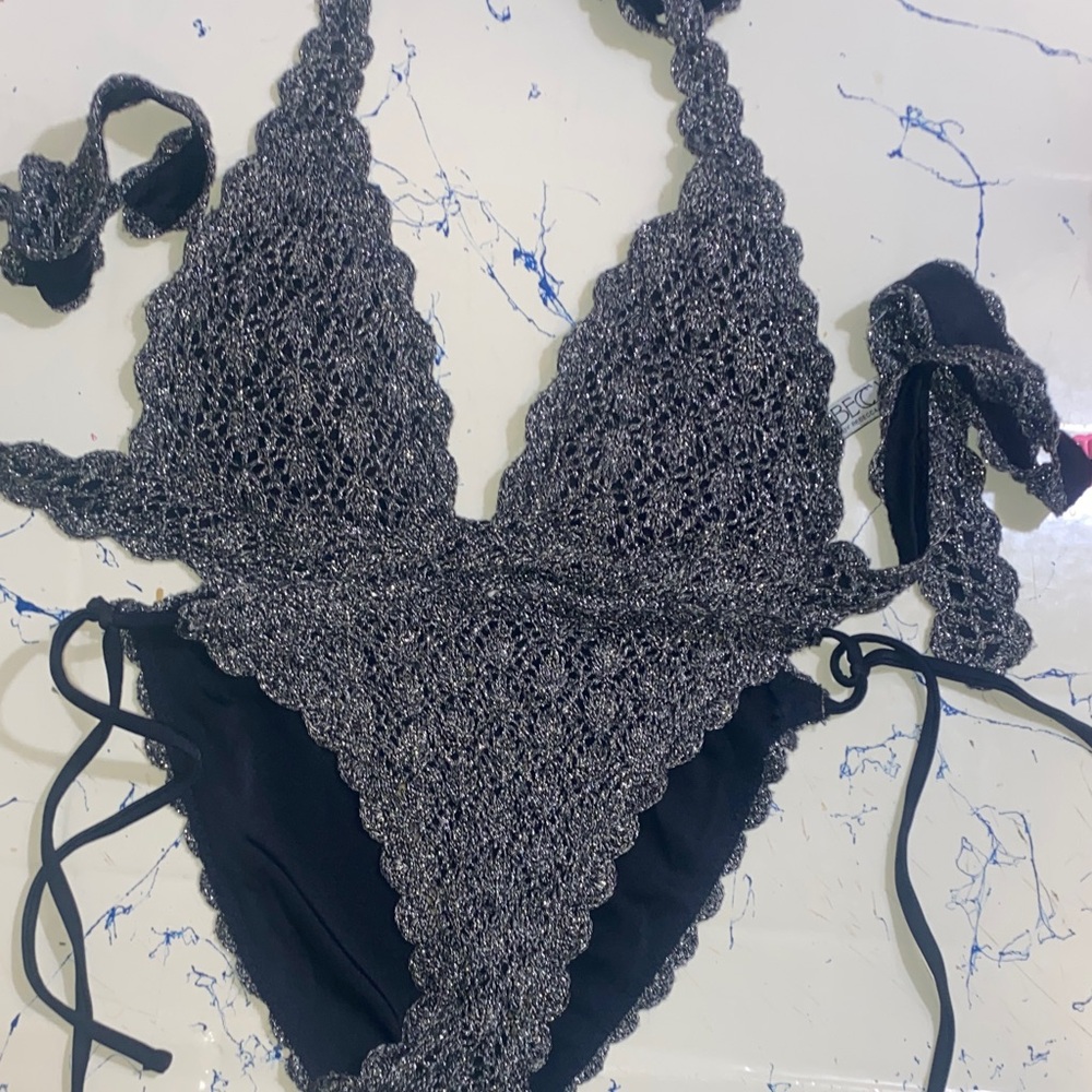 BECCA Black Metallic Crochet Triangle Bikini